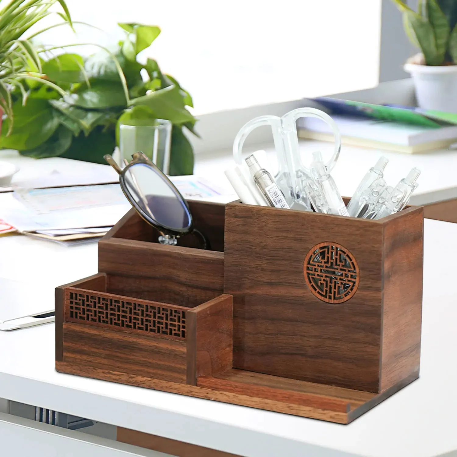 Wooden Black Walnut Pen Makeup Brush حامل للمنظم المكتبي Wood Pencil Case Office Home School Office 240314