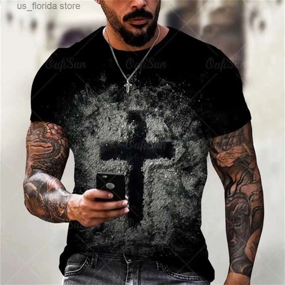 Men's T-Shirts Vintage T-shirt Christian Jesus 3D Printed Casual Short Slve Oversized Cross Tops T Summer Black Strtwear Men T Shirt 4XL Y240314