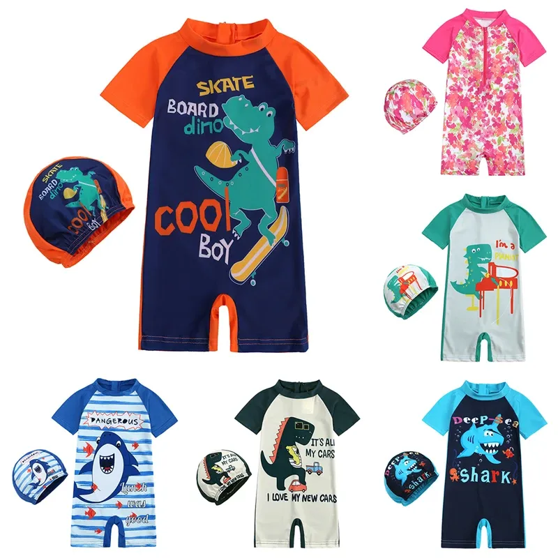 Badmode pasgeboren baby baby jongens badpak met hoed cartoon dinosaurus print korte mouw ronde hals halve rits meisje jumpsuit badpak