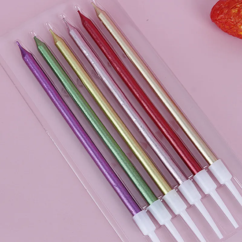 Long Stemmed Gold Silver-plating Birthday Smokeless Candles DIY Colorful Cake Decoras Wedding Supplies /box