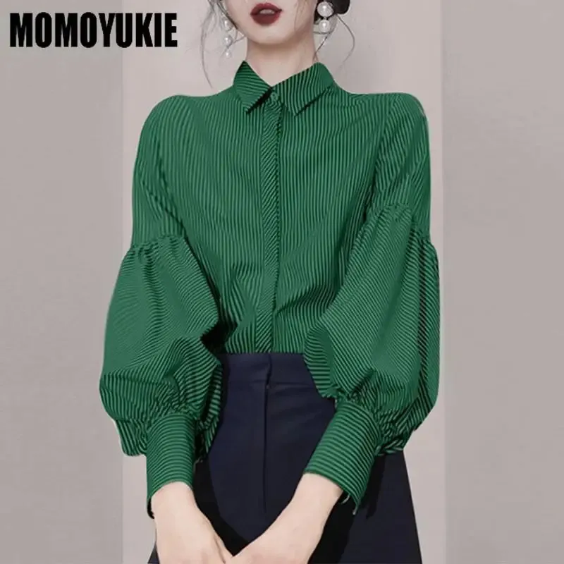 Blusa Vintage mujer otoño primavera elegante moda linterna manga camisa señora solapa suelta rayas Tops verde abotonada hasta 240313