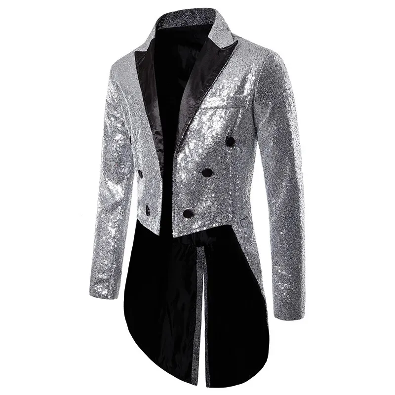 Estilo británico Hombres Corte Esmoquin Traje Abrigos Moda Lentejuelas Decoración Blazers Caballero Fiesta de boda Chaqueta larga 240304