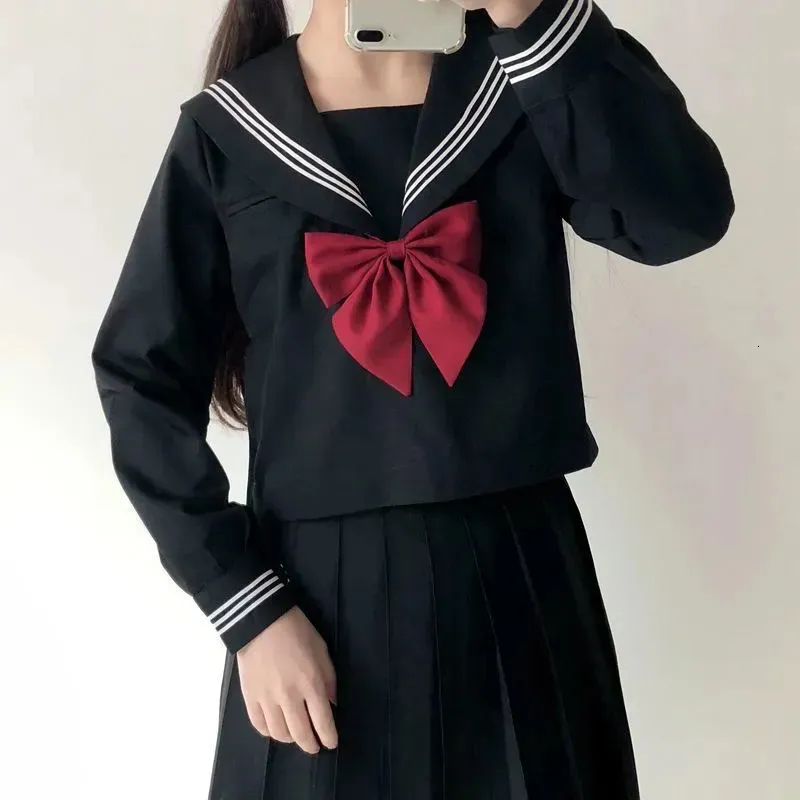 Japanese School Uniform Suit Sailor JK S2XL Basic Cartoon Girl Navy Black Set Costume Women Girl Costume 240301