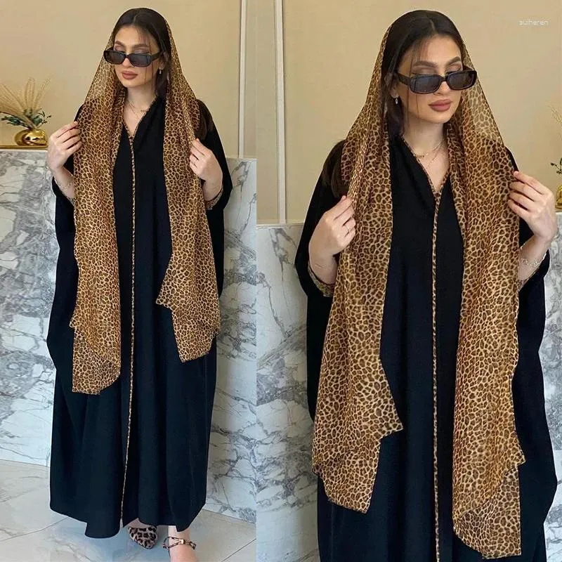 Vêtements ethniques Musulman Abaya pour femmes Mode Cardigan Léopard Imprimé Mousseline de mousseline de soie Couleur assortie avec bandeau Noir Ramadan Gurban