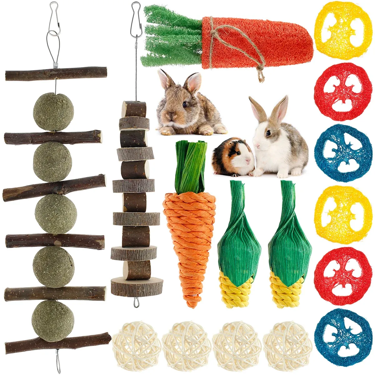 Jouets 16 pièces petit Animal jouets à mâcher paquet pour lapin lapin Hamster guinée Chinchillas nettoyage des dents molaire meulage jouets accessoires pour animaux de compagnie