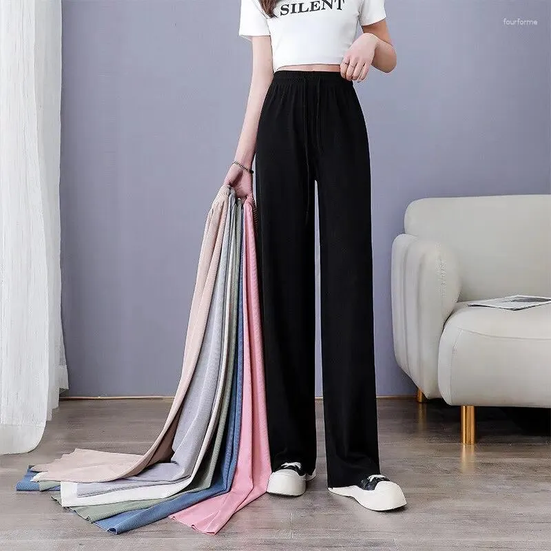 Women's Pants Women Spring Summer Ice Silk Wide Leg 2024 High Waist Loose Straight Casual Pant Female Outdoor Black Trousers