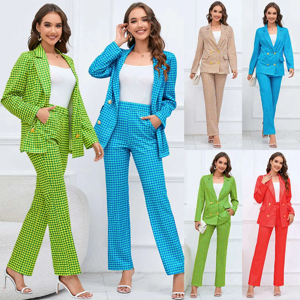 2024 Women's New Thousand Bird Checker Double Breasted Coat+slim Fit Straight Leg Pants Suit Set Pop