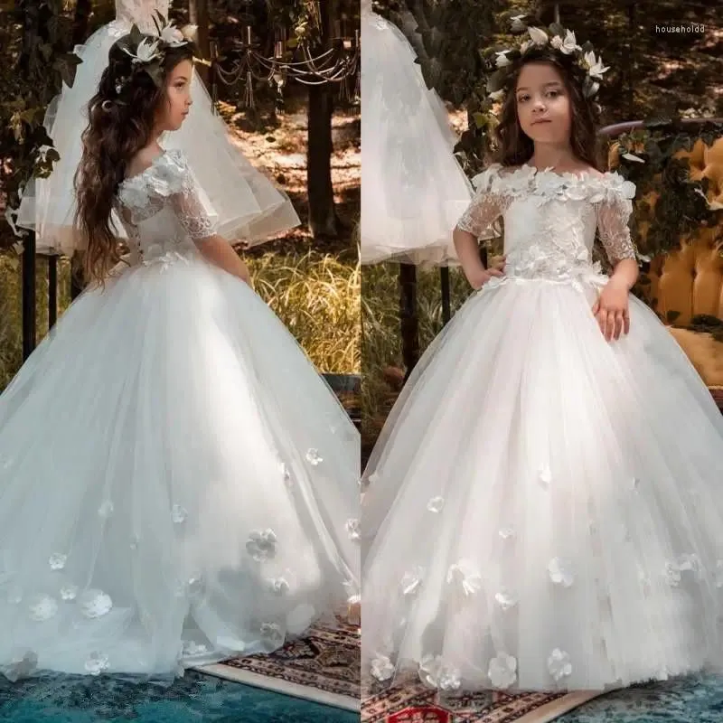 Robes de fille mignonne fleur pure bijou cou manches longues dentelle avec ceinture au dos tenue de fête formelle anniversaire princesse première communion