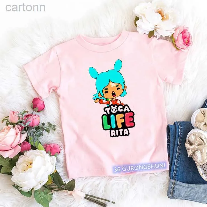 T-Shirts Kawaii Kinder T-Shirts Lustige Toca World Videospiel Cartoon Print Kleinkind T-Shirt Sommer Mode Baby Mädchen T-Shirts Rosa Tops ldd240314