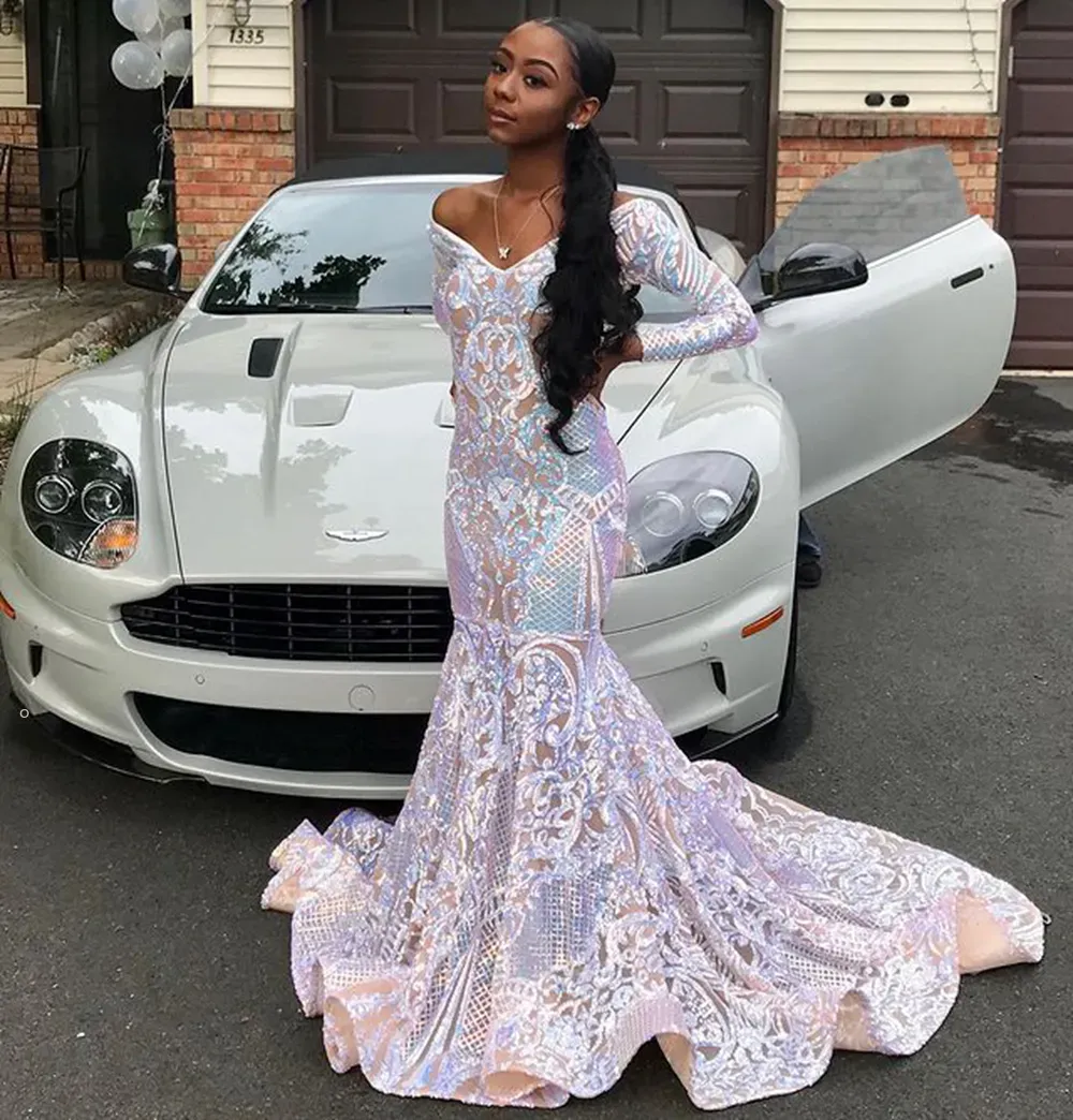 Dresses Sparkly Gala Sexy Mermaid Off The Shoulder Long Sleeves African Ladies Black Girl Sequin Prom