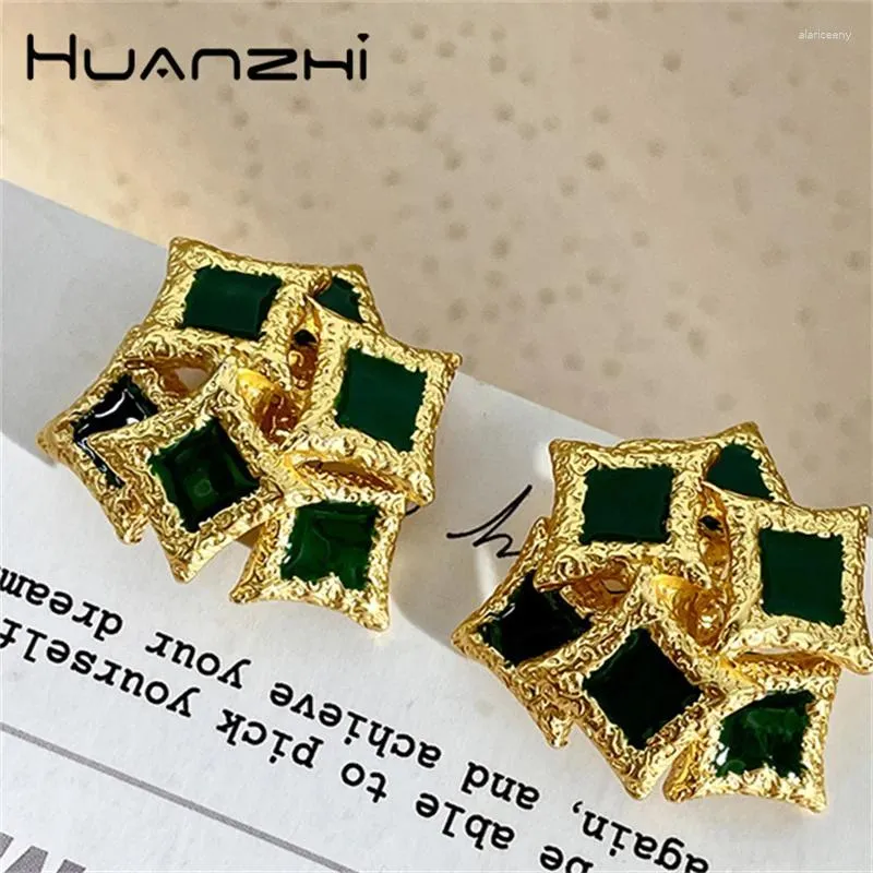 HUANZHI – boucles d'oreilles à géométrie irrégulière, carré vert, goutte à goutte, Vintage, métal élégant pour femmes et filles, bijoux de fête, 2024