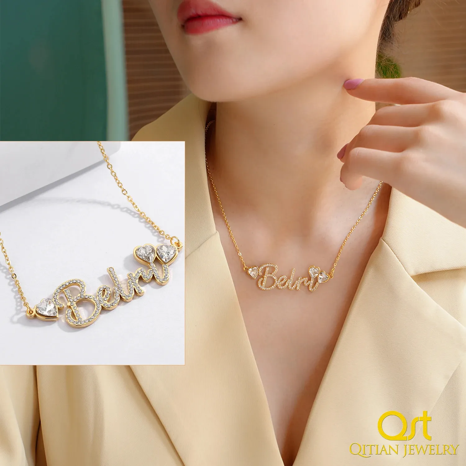 Qitian benutzerdefinierte Kristall-Namenskette mit Herz-Anhänger Namensschild Schmuck für Frauen personalisierte Edelstahl-Halsketten für Sie 240229