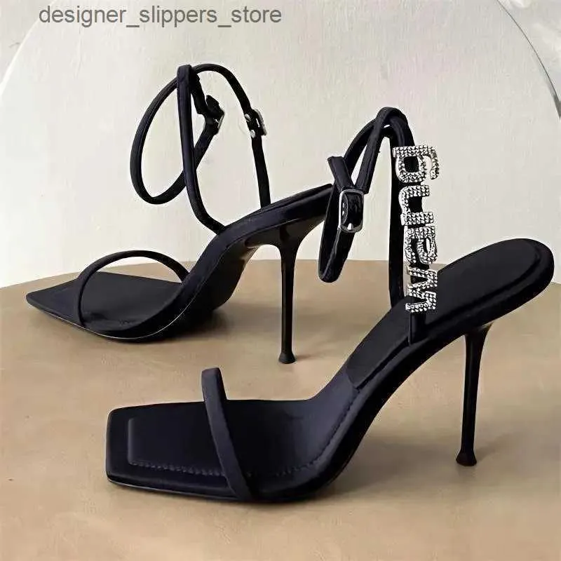 Dress Shoes Womens Open Toe Sandals Summer New Black Single word Shoulder Strap Thin High Heels Square Letter Rhinestone Womens High Heels Q240314