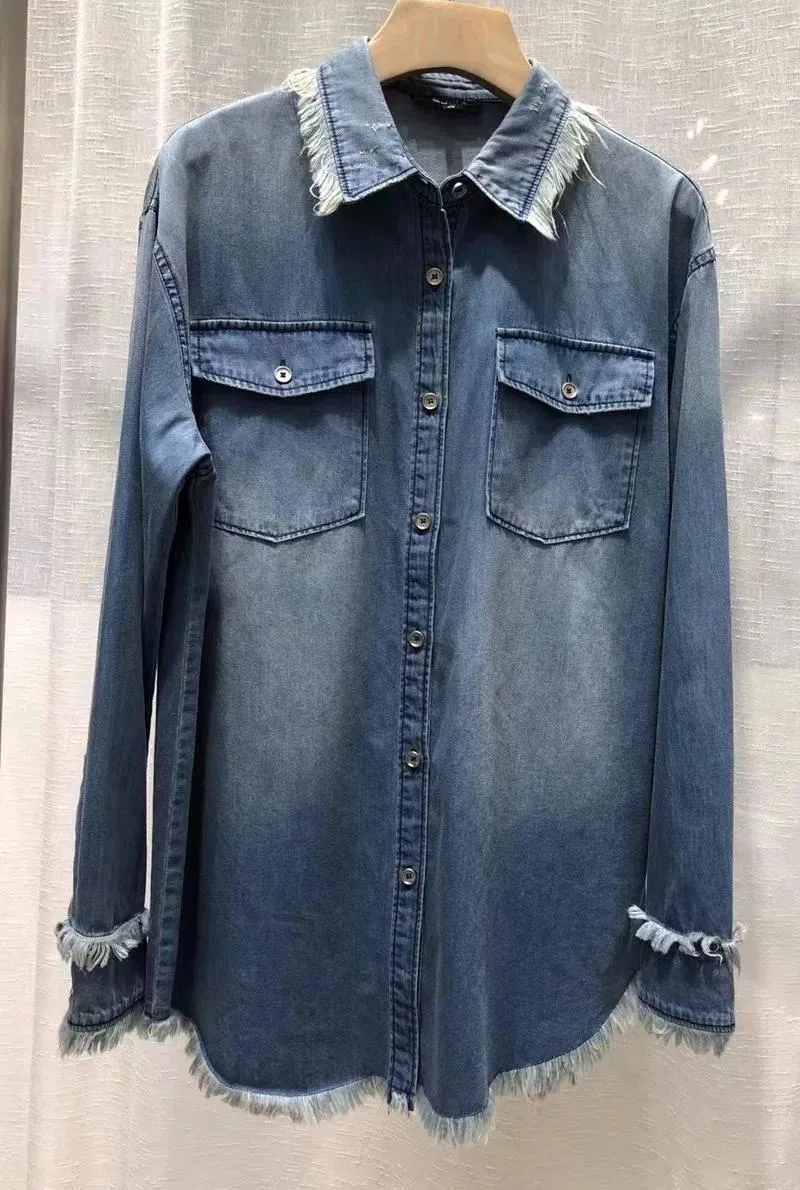 329 frauen Blusen Hohe Qualität Marke Denim Shirts 2024 Frühling Sommer Designer Hemd Frauen drehen-unten Kragen Brust tasche Ca