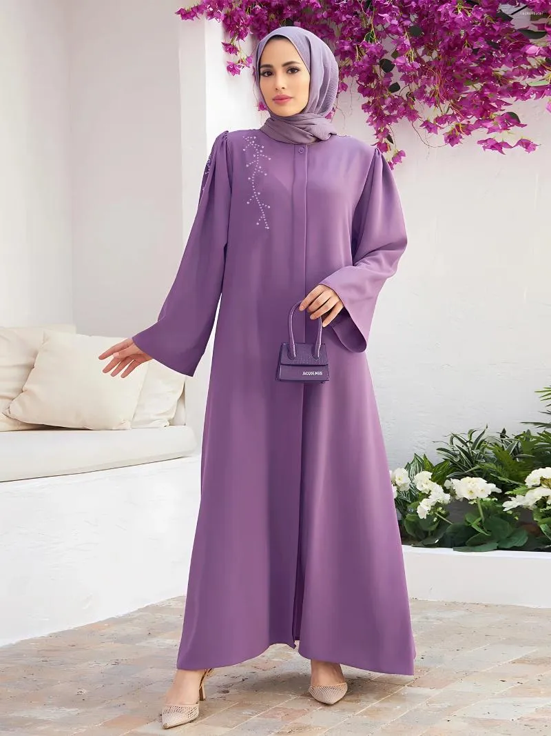 Ethnische Kleidung Frühlingsurlaub Islamischer Marokkanischer Kaftan Elegantes Langarm-Knopf-Moslem-Sommerkleid Frauen Lässiges O-Ausschnitt-Dubai-Türkei-Kleid
