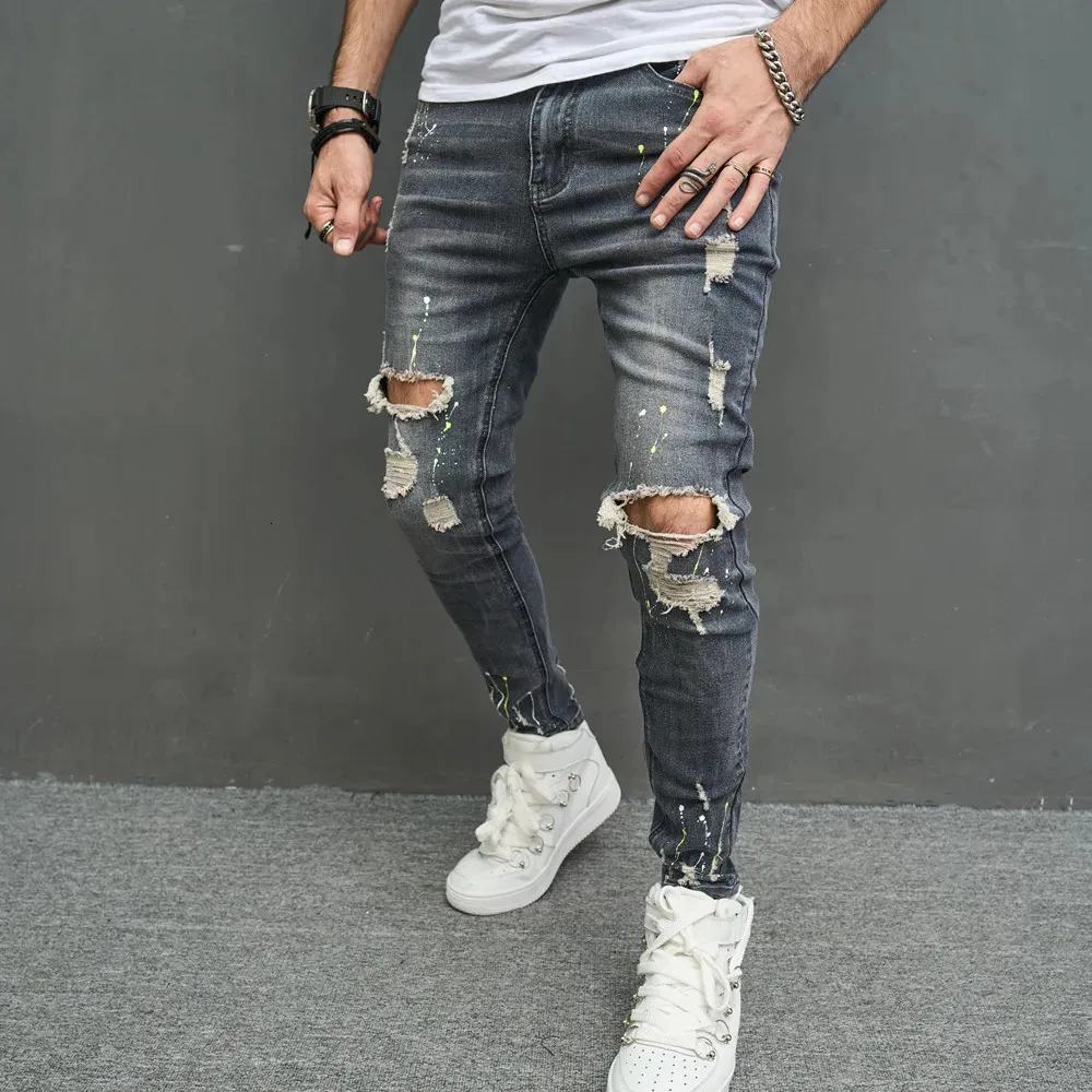 Hommes élégant déchiré maigre crayon jean pantalon Streetwear mâle Hip Hop trous Stretch mince Denim pantalon 240311