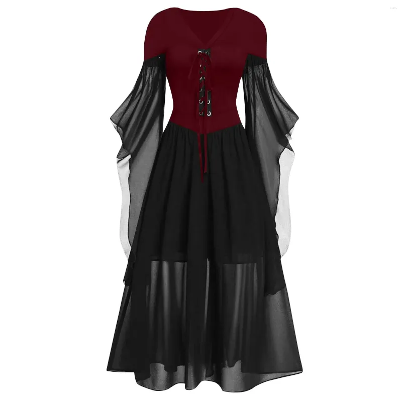 Casual Dresses Punk Vintage Cocktail For Women Gothic Style Fashion 1950s Midi Dress Flare Sleeve A Line Evening Party Costumes