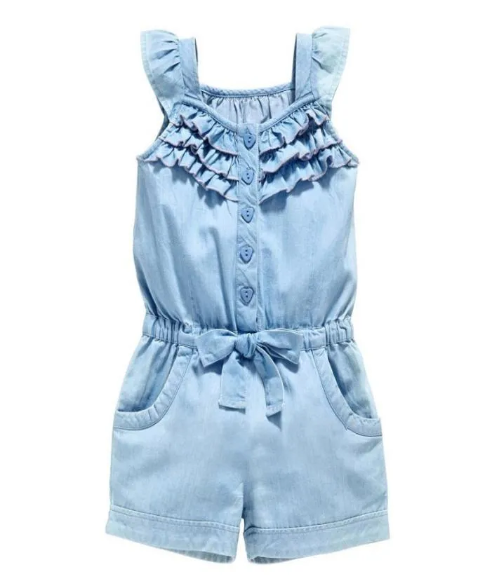 Kids Girls Clothing Rompers Denim Blue Cotton Washed Jeans Sleeveless Bow Jumpsuit 05year4778709