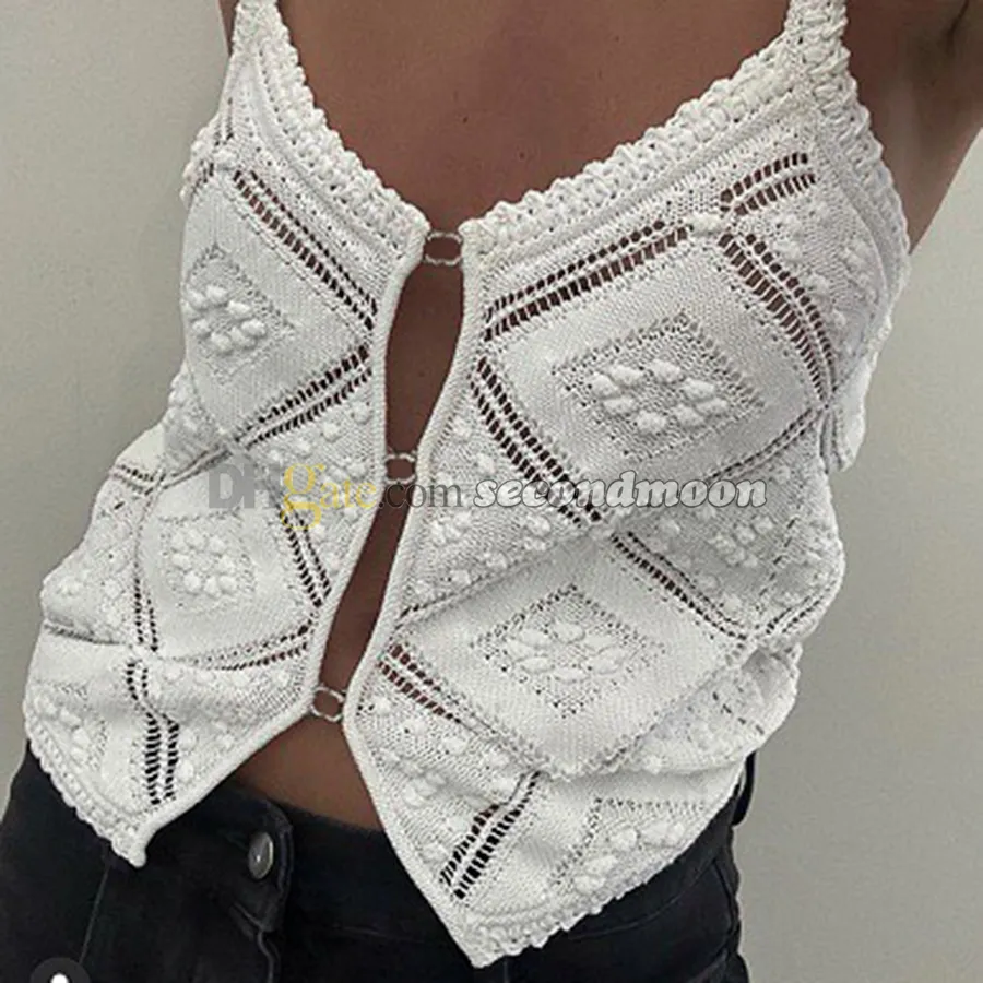 Sexig ihålig Camisole V -hals stickad Vest Rhinestone Button Crop Top Summer Breattable Tanks Top