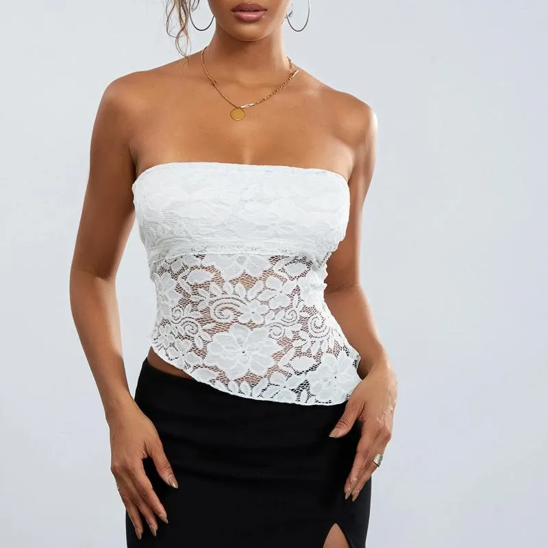 Kvinnors tankar Kvinnor Summer Tube Tops Sexig Slim Fit Bandeau Kvinnlig Vit ärmlös stropplös topp på axel spetsblommor Bustiers