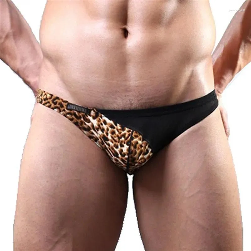 Sous-vêtements Sexy hommes Bikini Slip slips maille léopard imprimé Ultra-mince sous-vêtements gai Jockstrap respirant Tanga Hombre Calzoncillos culottes