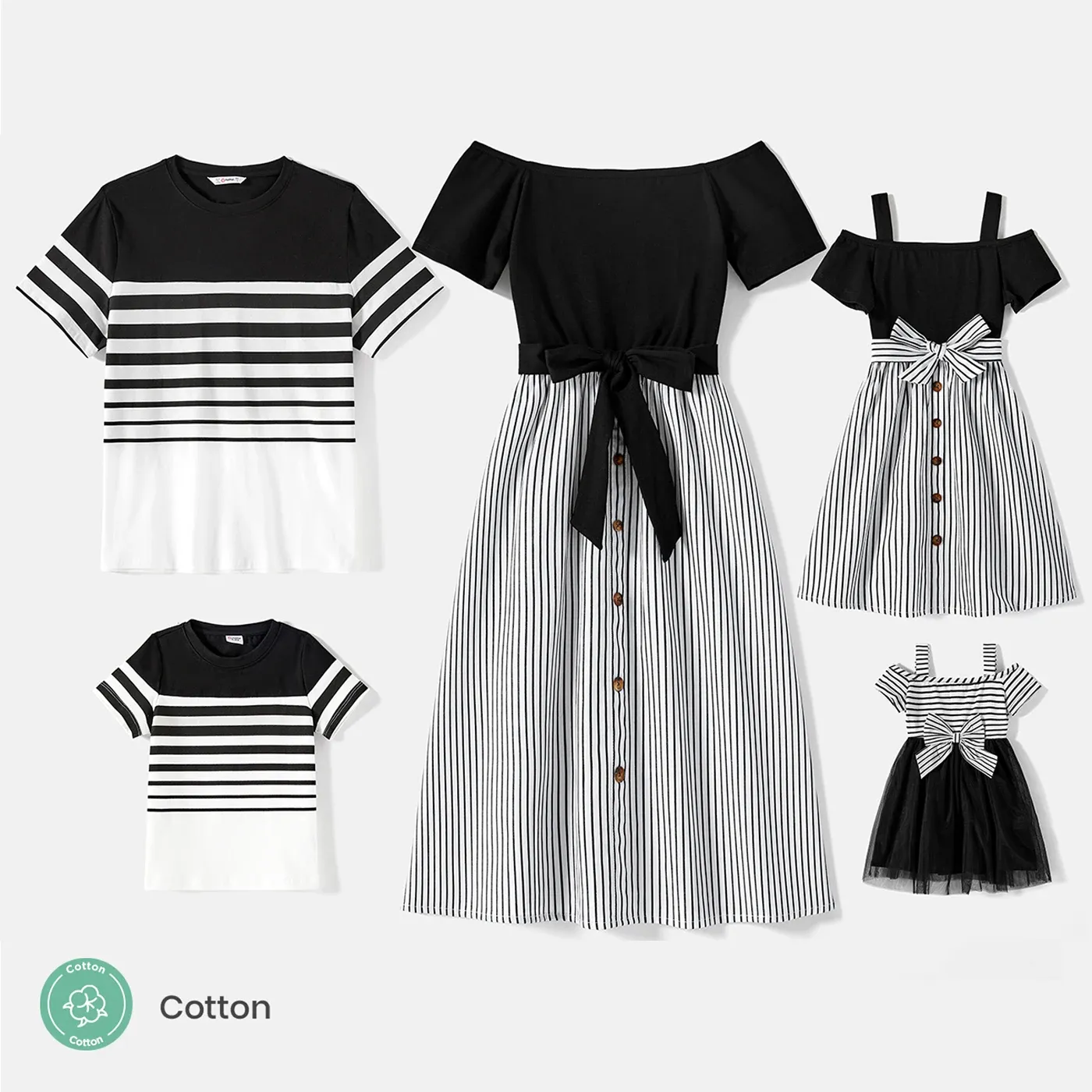 Dresses Patpat Family Matching Cotton Striped Shortsleeve Tshirts and Off Shoulder Belted Spliced Dresses Sets