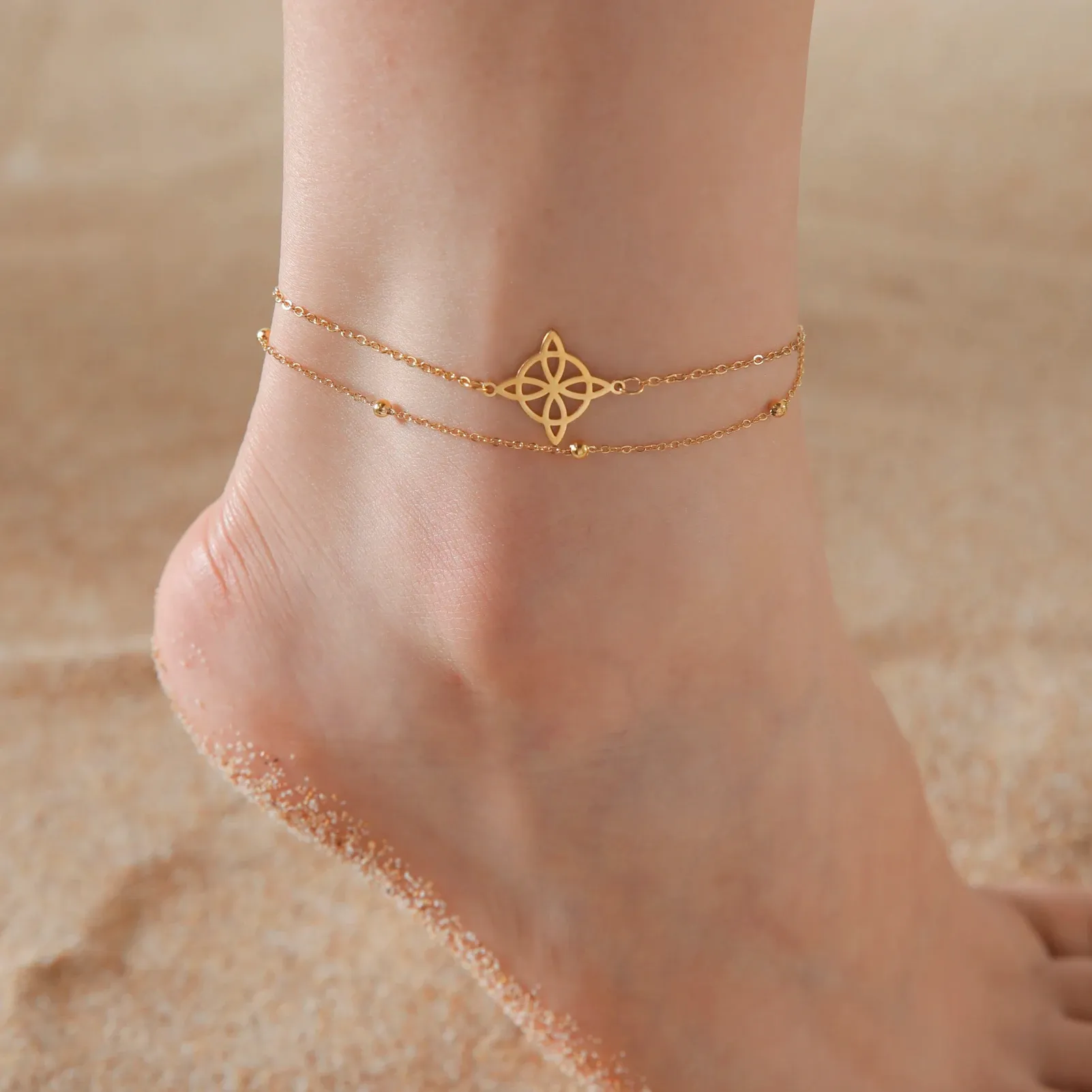 Witch Knot Anklet Women 14k Yellow Gold Double Layer Beads Chain Ankle Bracelet Witchcraft Jewelry Summer Accessories