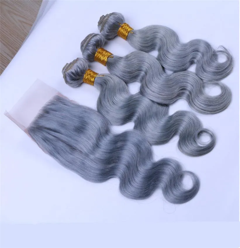 Ruma Hair Sliver Grey Pure Color Peruaans maagdelijk haar 3 bundels met vetersluiting Body Wave Goedkoop haar met 44 vetersluiting8411886