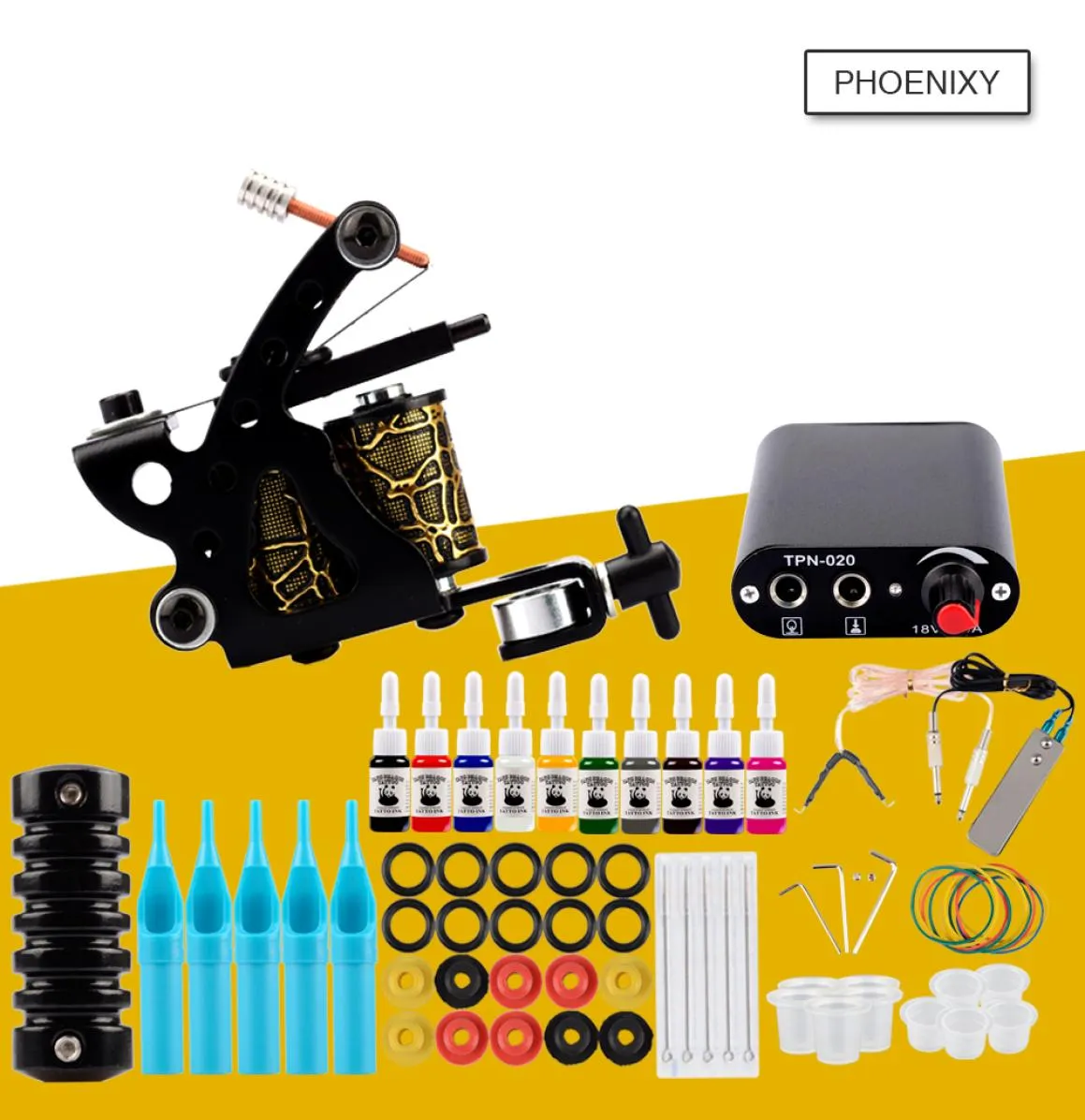 Starter Tattoo Machine Kit Set 1 spoelen Guns 20 kleuren Pigmentinkten Sets Black Power Tattoo Beginner Grip Kit Permanente make-up7509073