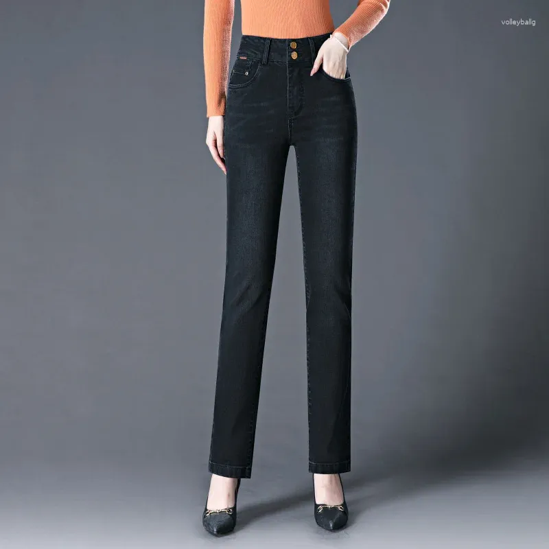 Jeans femininos 2024 primavera e outono cintura alta perna reta elástica magro ajuste calças casuais