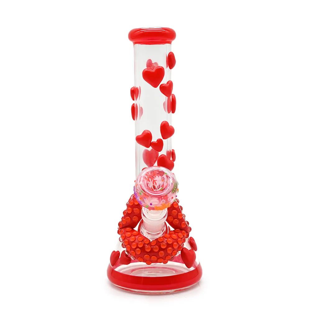 1 pièce, 10 pouces, ensemble de cigarettes à motif d'amour dessiné à la main, conduite d'eau en verre rose borosilicate, bang en verre, bol à neige avec lueur dans l'obscurité, décoration de la maison, accessoires pour fumeurs