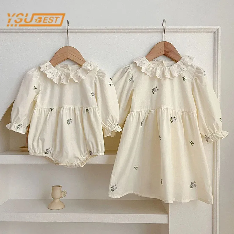 Infant Baby Girls Long Sleeve Sisters Lace Collar Dress Rompers Kids Embroider Princess Clothes 240311