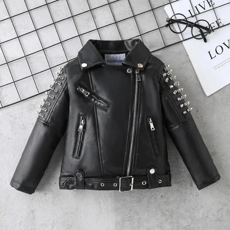 Spring Autumn Performance Motorcykel Black Pu Coat Kids Rivet Childrens Leather Jackets For Girl Boys Zipper kläder XMP19 240304