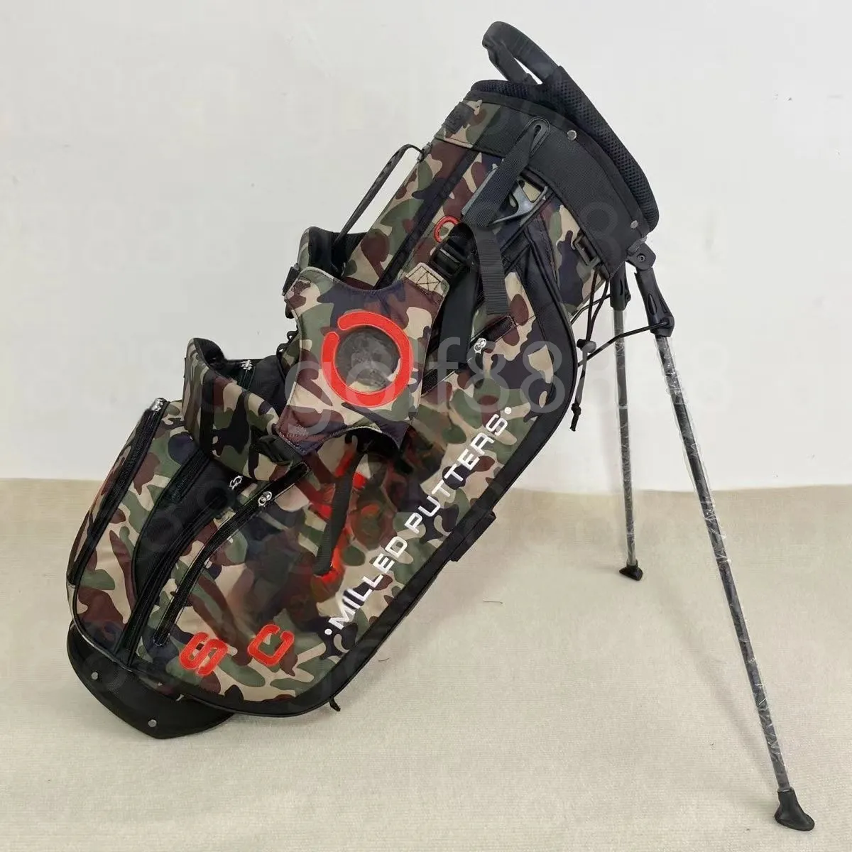 Sacos de golfe camuflagem círculo laranja t suporte sacos clubes de golfe grande diâmetro e grande capacidade material impermeável entre em contato conosco para ver fotos com logotipo