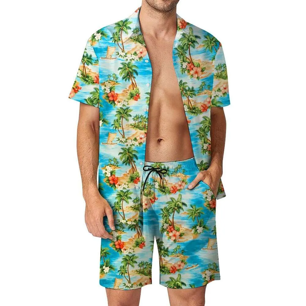 Designer Suit European Mens Casual Loose Shirt Set Hawaii Beach Digital Print Short Sleeves 5dmu