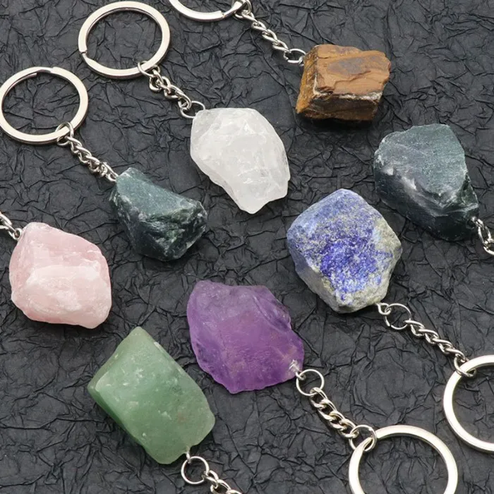 Natural Stone Raw Key Chain Rough Gemstone Keychain Natural Crystal Gem Stone Keyring Holders Fashion Jewelry