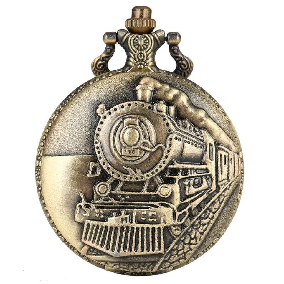 Vintage brązowy pociąg przedni lokomotywa silnik kwarcowy kwarcowy zegarek kieszonkowy steampunk łańcuch wisienia damskiego męskie prezent 237z