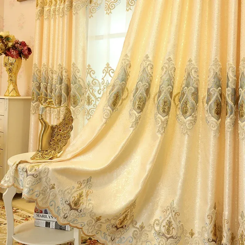 Cortinas de luxo estilo europeu para sala estar quarto coroa dourada cortina bordada semisombreamento tule valance cortinas personalizadas