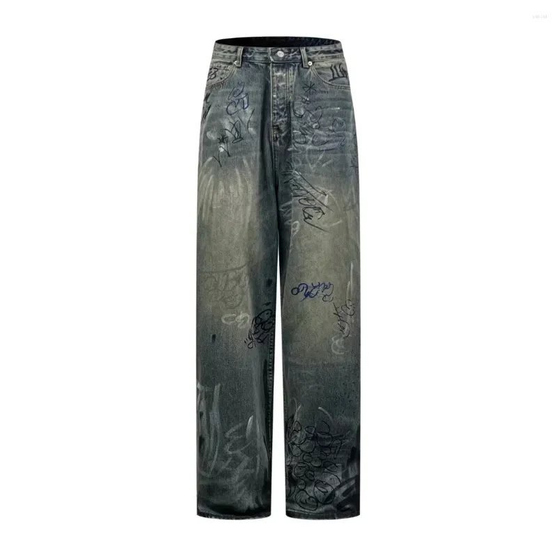 Jeans masculinos 24sss American High Street Graffiti e perna reta feminina