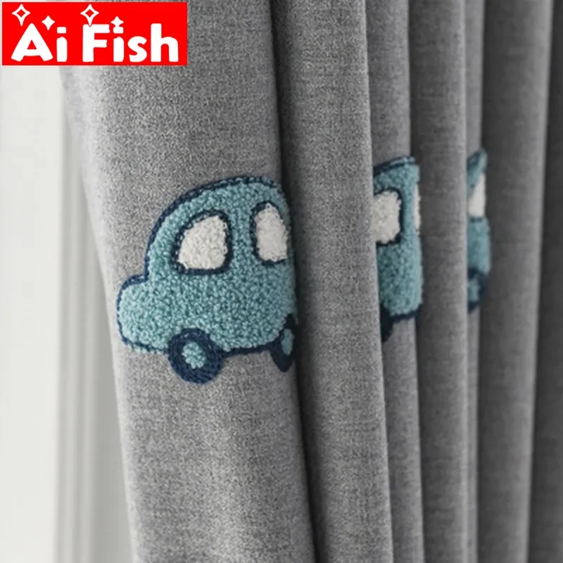 Curtains Gray Cotton Linen Cartoon Cute Towel Embroidered Car Stereoscopic Thickened Blackout Window Curtains for Children 's Bedroom #3