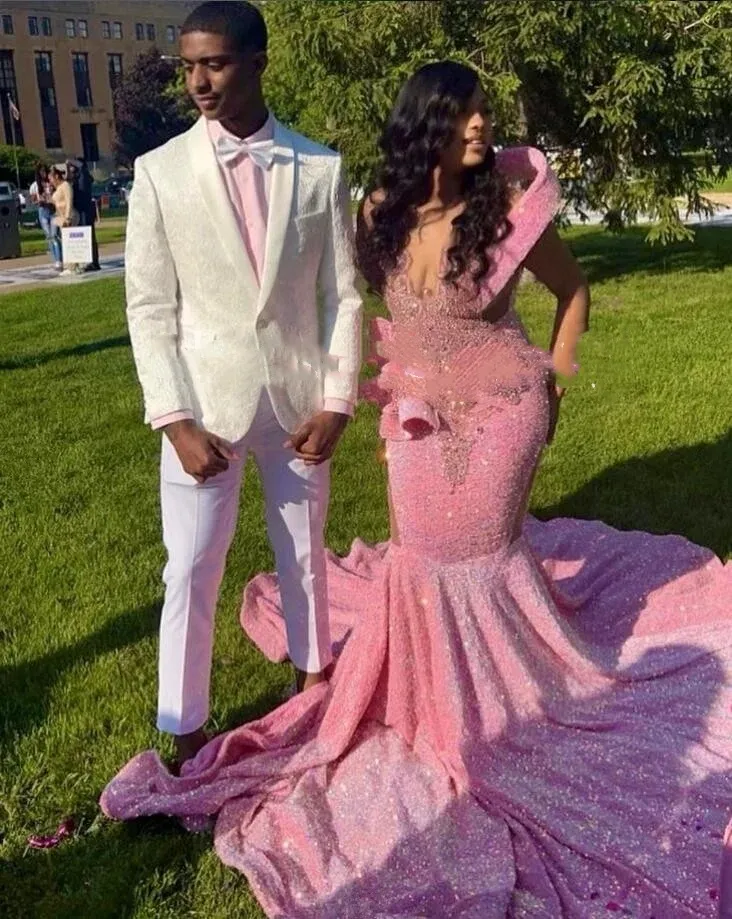 Pink Sparkly Mermaid Evening Formal Dresses for Women 2024 Luxury Diamond Crystal Velvet African Prom Gala Gown Black Girl