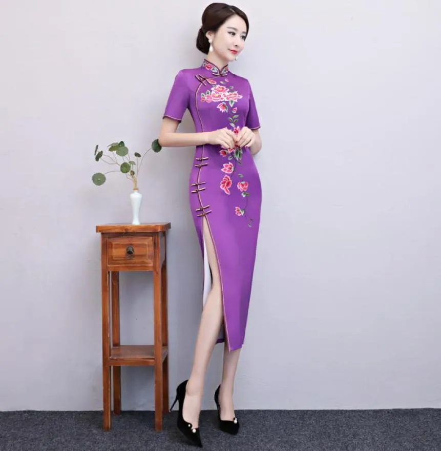 Nuovo arrivo cinese lungo cheongsam moda donna ricamo abito elegante rayon qipao vestiti da partito vestido 2629294