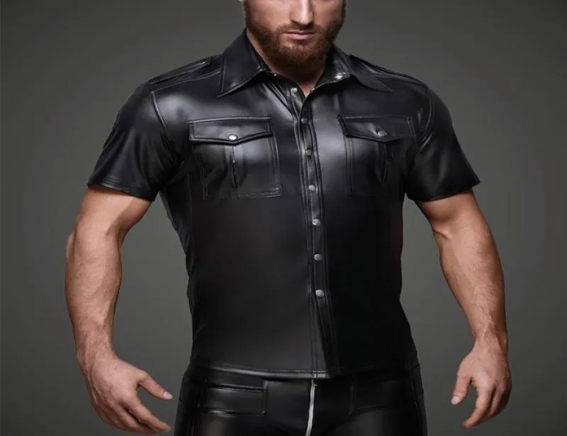 Men Faux Leather Shirts Pu Leather T Shirts Men Sexy Fitness Tops Gay Latex Tshirt Tees Mens Stage Tops Tee Sexy Party Clubwear Y6845219