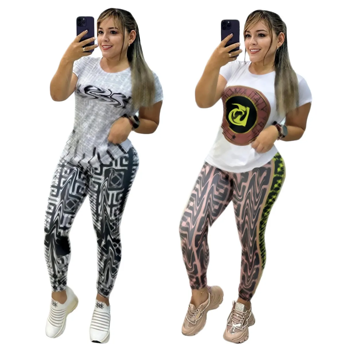 Womens Two Piece Pants Summer Outfits Casual Print Round Neck T-shirt och Legging Set gratis fartyg