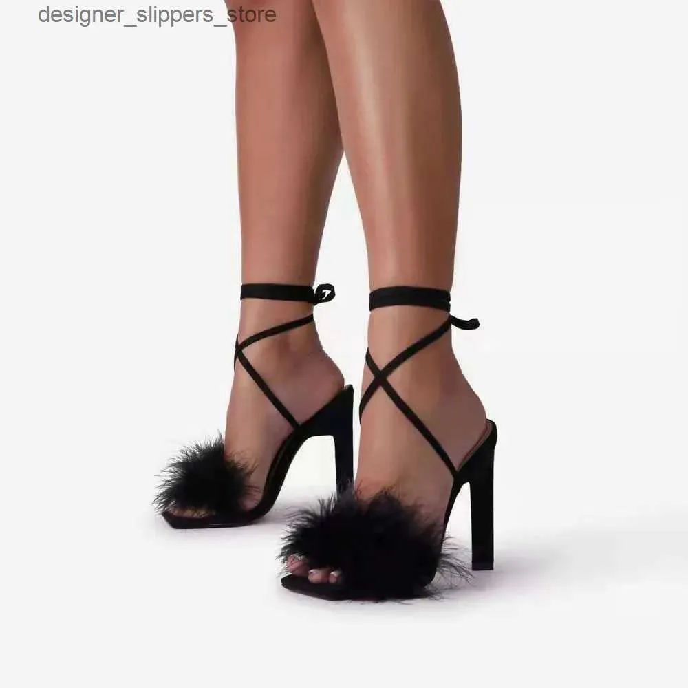 Модельные туфли Летние зеленые туфли Сандалии Модные пушистые женские туфли-лодочки с перекрестной завязкой 2022 Сексуальное вечернее платье на шнуровке Женские туфли на странных высоких каблуках 11 см Q240314
