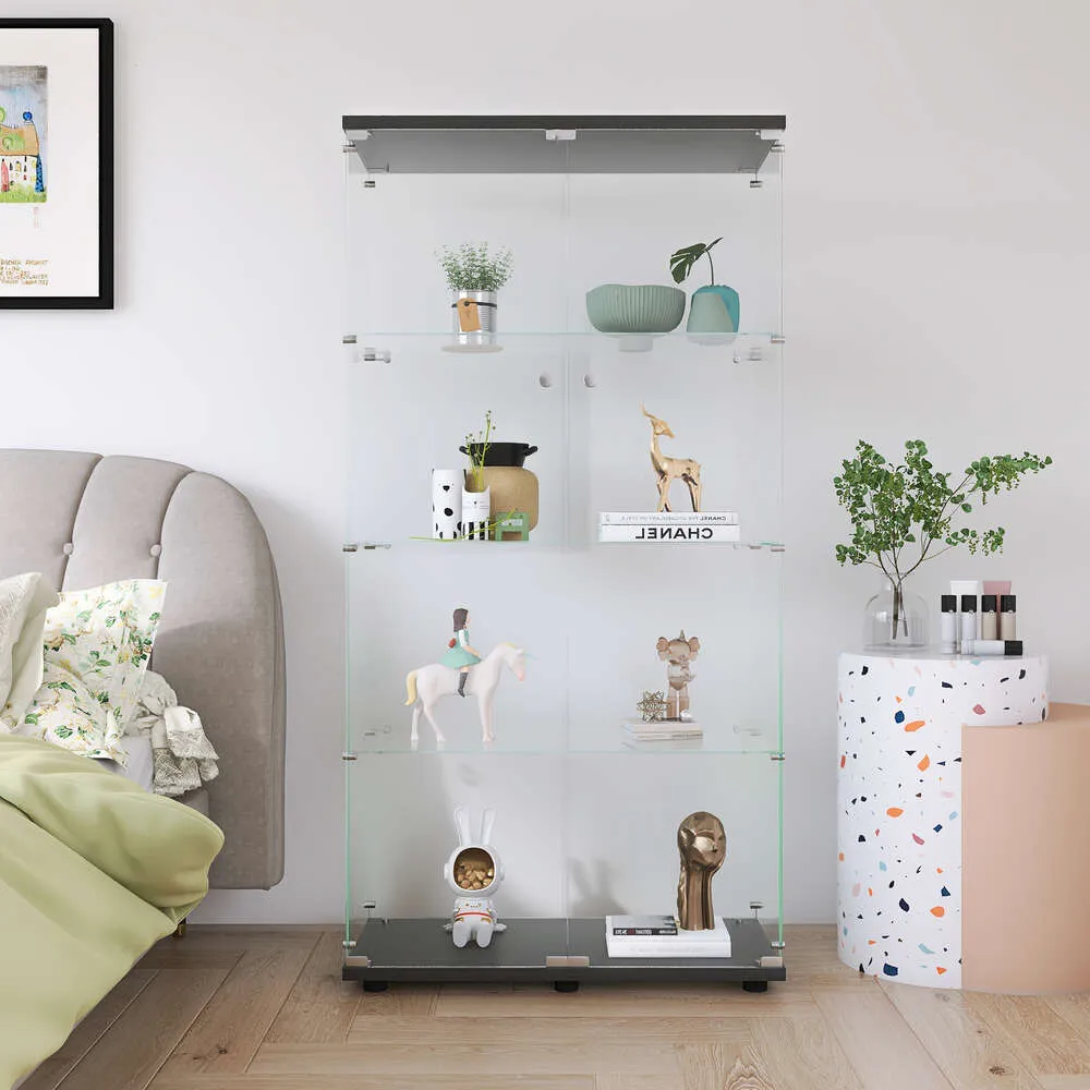 Tweedeurs glazen display kast 4 shees met deur, vloer staande curio boekenplank voor woonkamer slaapkamer kantoor, 64.7 "*31.7"*14.3 ", zwart