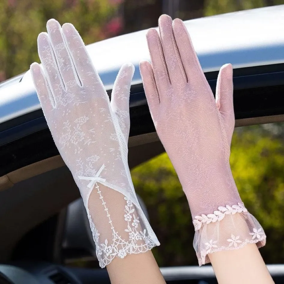 Fem fingrar handskar solproof kvinnors tunna långa anti ultraviolet vår hösten pekskärm nät lace246u