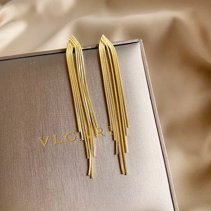 Vintage 14k barre d'or jaune Long fil gland boucles d'oreilles pour les femmes brillant géométrique coréen boucle d'oreille nouvelle mode bijoux de mariage