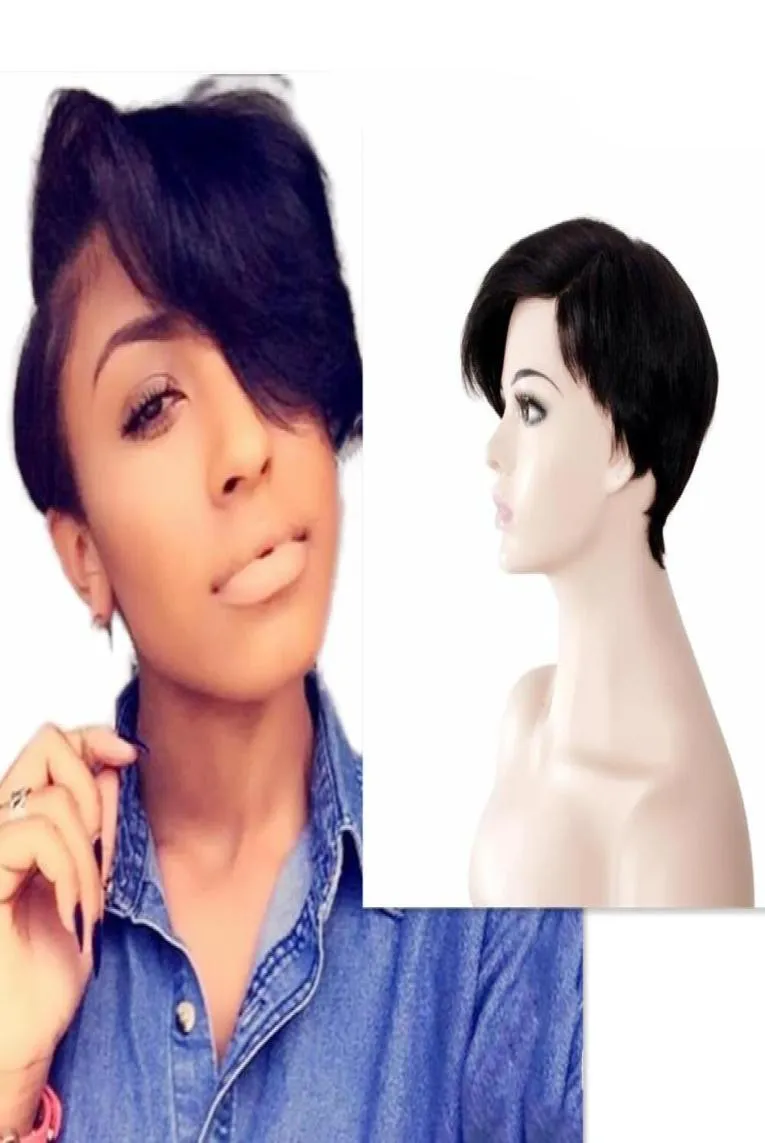 Ludzkie włosy Krótka prosta maszyna wykonana boczna część Little Lace Front Peruka Brazylijska Pixie Cut Indian Humanhair Wig5532014