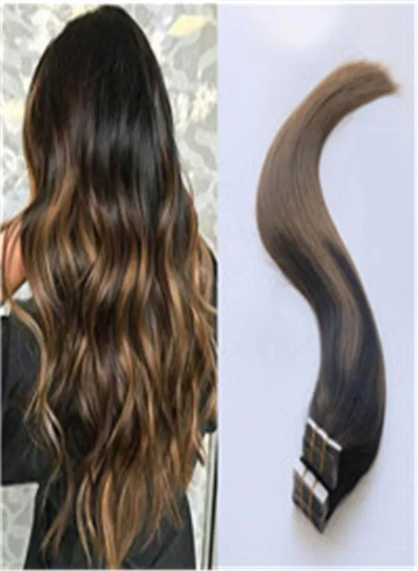 40 pçs 100g balayage ombre fita extensões de cabelo marrom escuro com caramelo loiro destacado 26 extremidade grossa remy cabelo humano 1846649